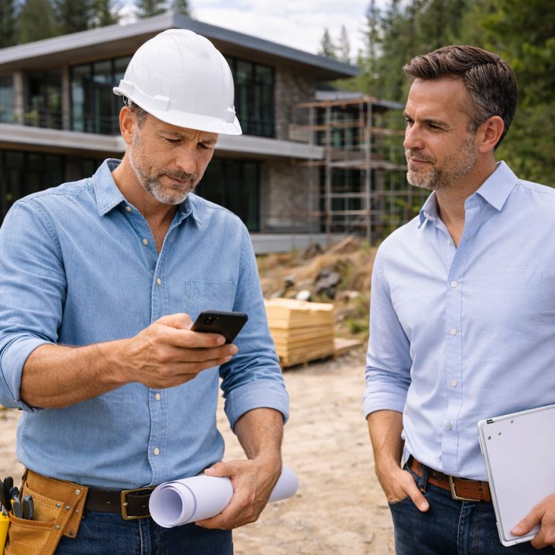 Builder looking at phone frustrated