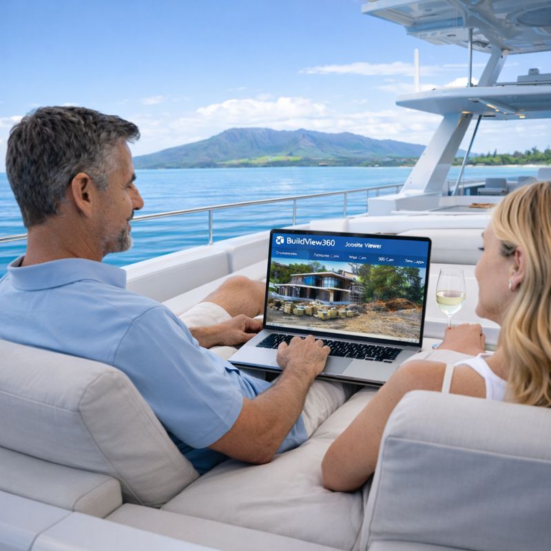 Home owners on yacht looking at luxury home on laptop.